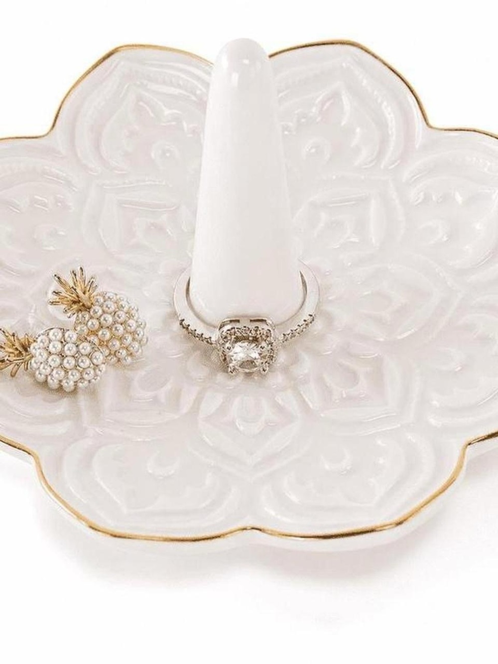 White Ceramic Floral Ring Holder Dish with Gold Trim